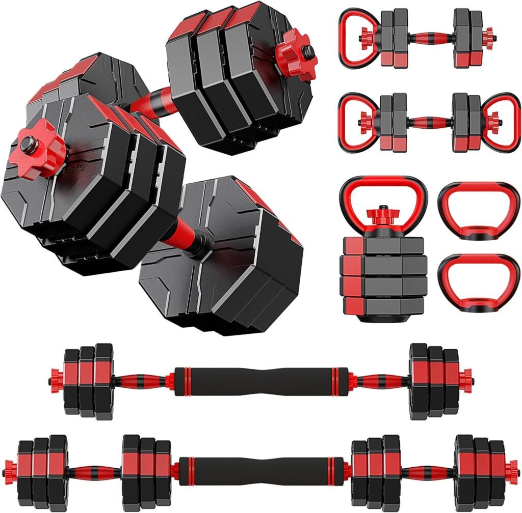 Prapark 4-in-1 Adjustable Dumbbell Set – Octagonal Anti-Roll Design, Non-Slip Grip, Versatile Weights with Barbell, Kettlebell, Push-Up Options – Home Gym Fitness Equipment for Men  Women