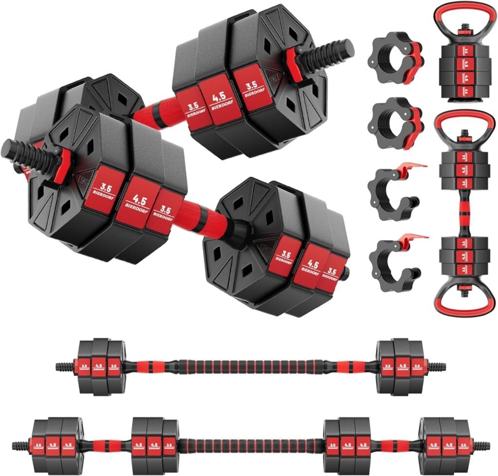BIERDORF Adjustable Weights Dumbbells Set with 2 Adjustable Kettlebell and 4 Barbell Clips 50LB/60LB/80LB Free Weights Dumbbells Set 4 In 1 Used as Kettlebell Barbell Dumbbell Push Up Bar for Home Gym
