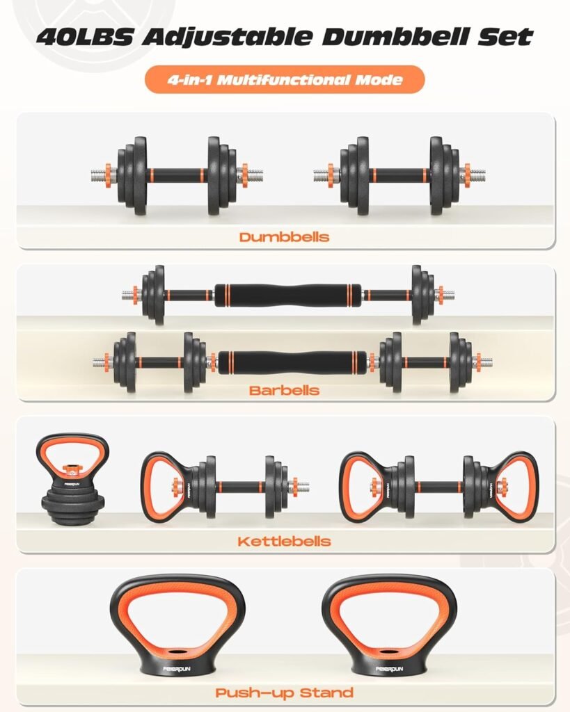 FEIERDUN Adjustable Dumbbells, 40lbs Free Weights Set with Barbell Connector,4 in1 Dumbbells Set with Anti-Slip Alloy Steel Handle, Suitable for Men and Women Workout Fitness