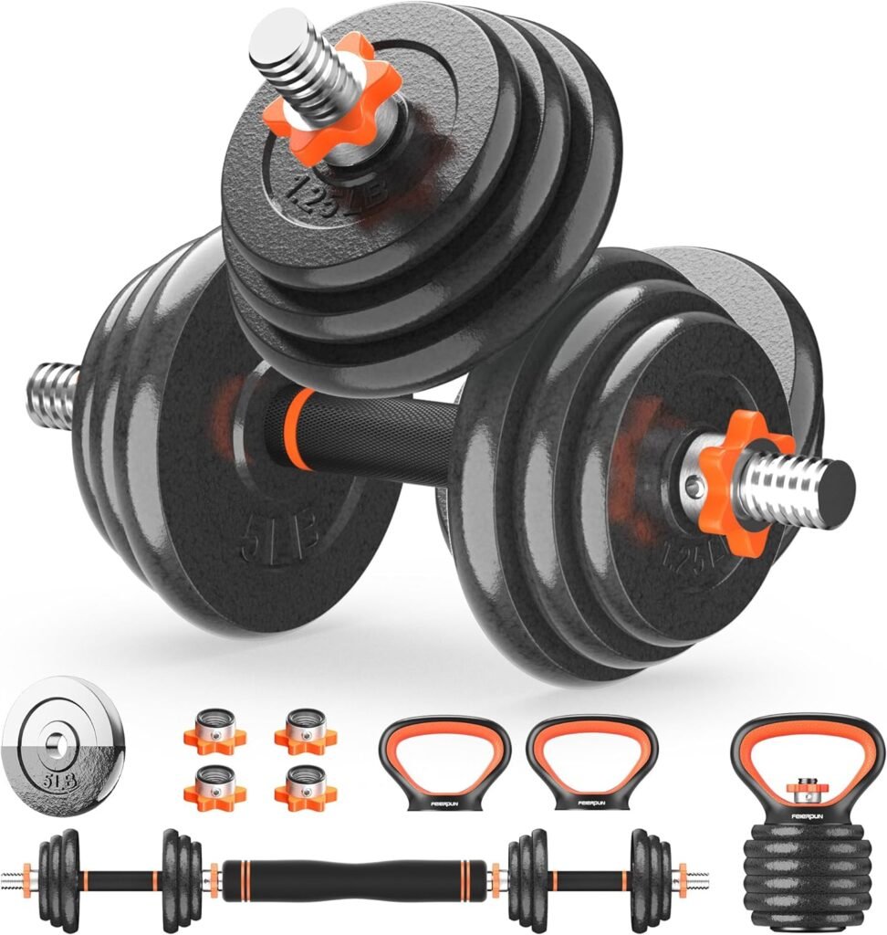 FEIERDUN Adjustable Dumbbells, 40lbs Free Weights Set with Barbell Connector,4 in1 Dumbbells Set with Anti-Slip Alloy Steel Handle, Suitable for Men and Women Workout Fitness