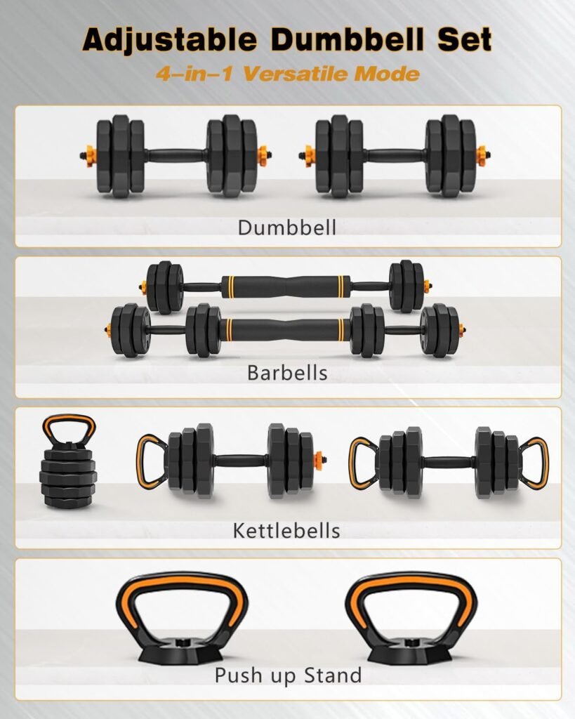 Adjustable Weight Dumbbell Set - 4 in 1 Free Weight Set with Connector - Dumbbells, Barbells, Kettlebells, Push-Up Bars for Full Body Workout and Muscle Toning