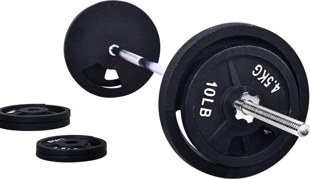 Signature Fitness Cast Iron Standard Weight Plates Including 5FT Standard Barbell with Star Locks, 95-Pound Set (85 Pounds Plates + 10 Pounds Barbell), Multiple Packages