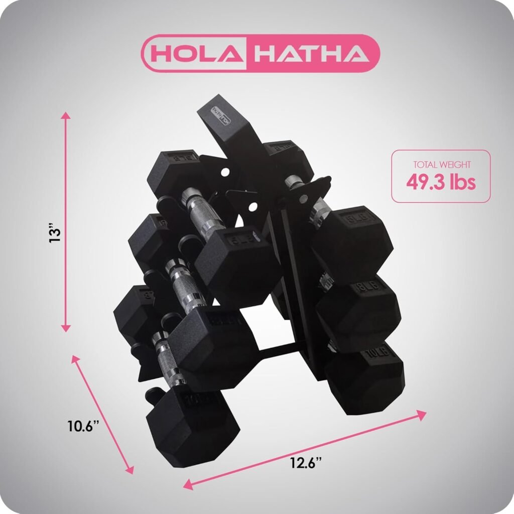 HolaHatha Hex Dumbbell Weight Training Home Gym Equipment Set Fitness Hand Weights with Storage Organizer Rack